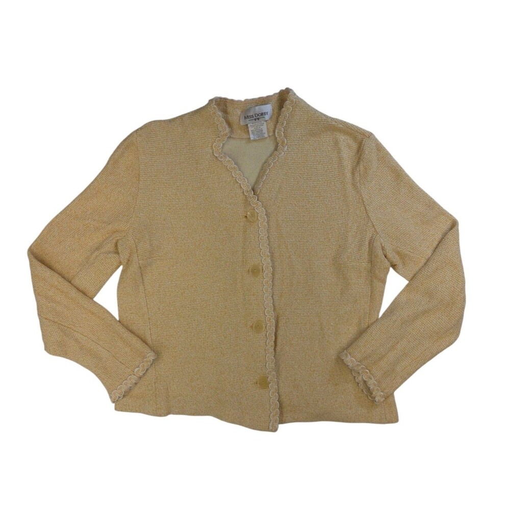 Miss Dorby Blazer Jacket Women M Tan Cream Pastel Yellow Scalloped Trim Church